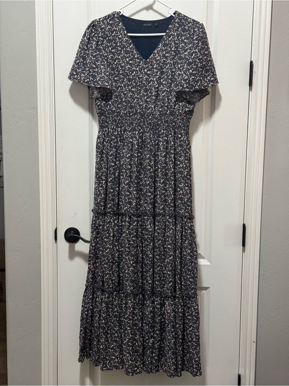 Mikarose Navy gray Floral Tiered Maxi Dress Size M Pit 19, L 57”